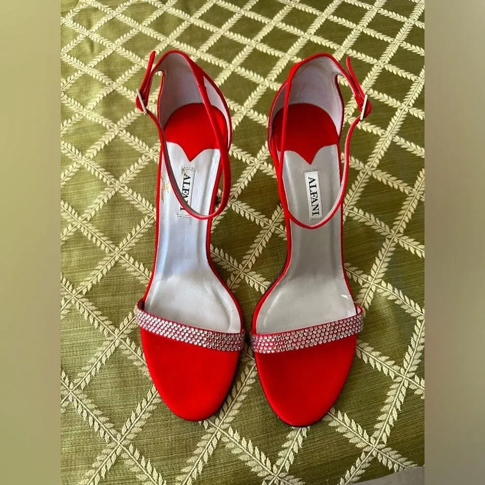 Alfani Ashton Red High-Heels with Rhinestones Ankle Strap 10M Shoes 3 1/2” Heel
